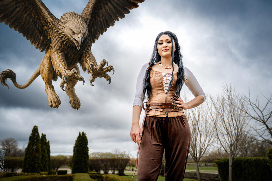 Styled Shoot - Cat (Fourth Wing) cosplay with gryphon flying behind